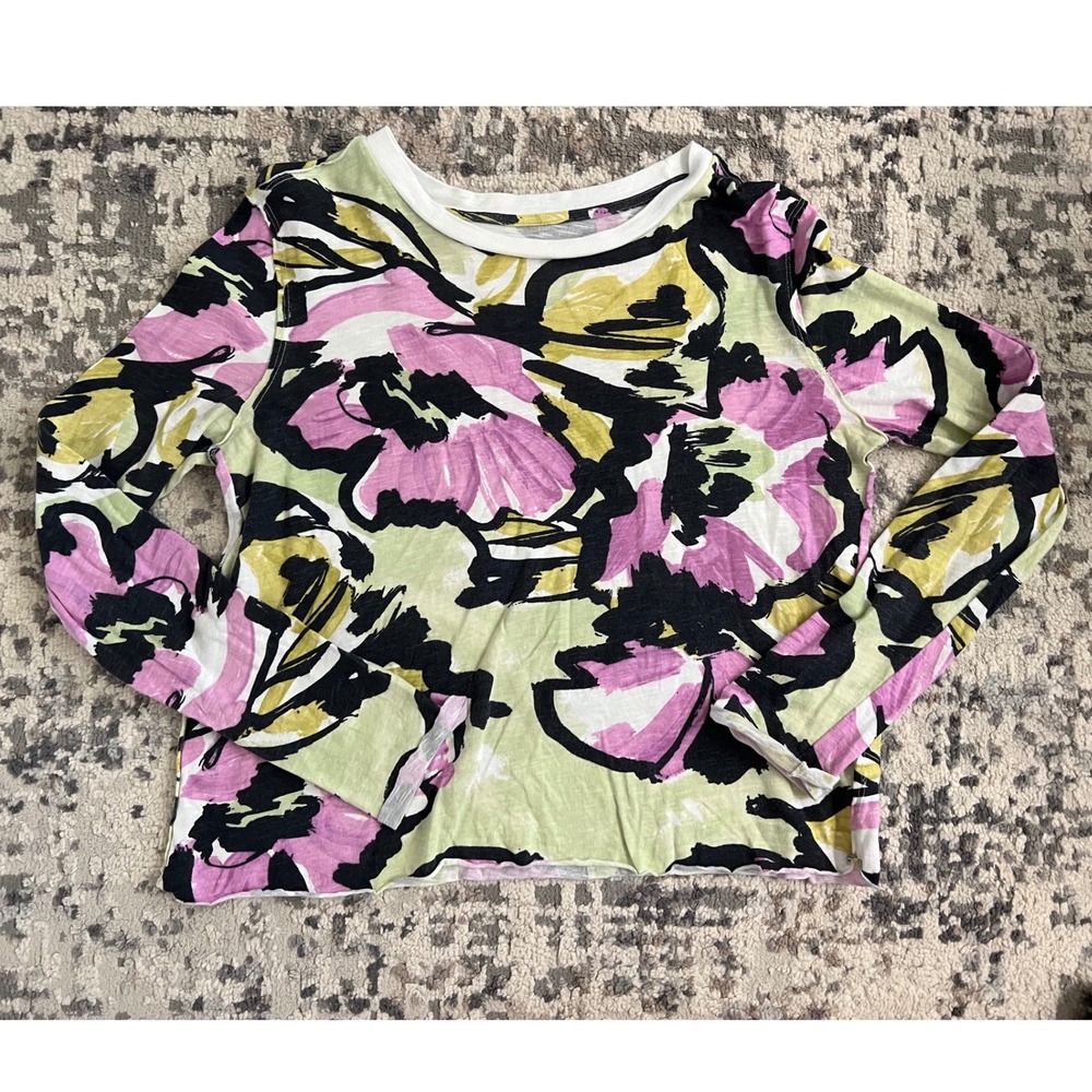 Maeve Anthropologie Abstract Floral Long Sleeve Cotton Slub Tee Pink Green S